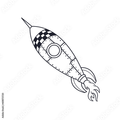 Hand drawn illustration of rocket traditional tattoo outline