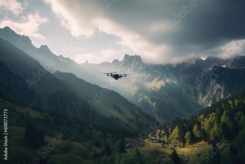 drone flying over majestic mountain range with dramatic clouds in the background, created with generative ai