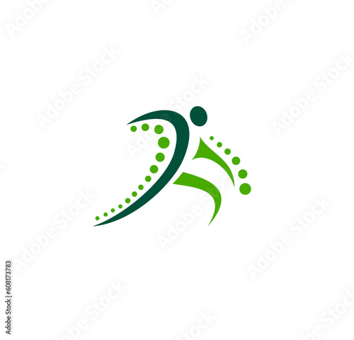 Physiotherapy icon, vector emblem with green healthy human body shape and points. Skeleton and muscle health, rehabilitation, osteopathy or massage clinic symbol, isolated label for medical service