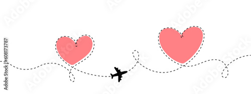 Plane and heart shape path, love travel, illustration