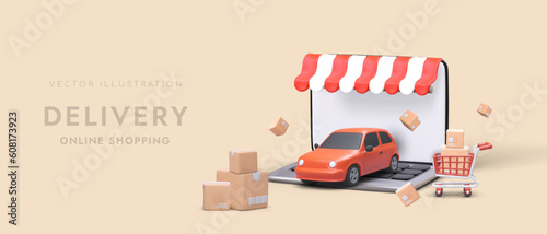 3d laptop, car with cart and boxes. Web page for online shopping company. Order and delivery services via gadgets. Digital services concept. Cartoon realistic vector in red colors