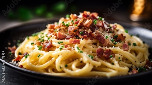 steaming plate of spaghetti carbonara with bacon bits and parsley