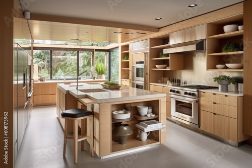 eco-friendly kitchen with natural materials and energy-efficient appliances  created with generative ai