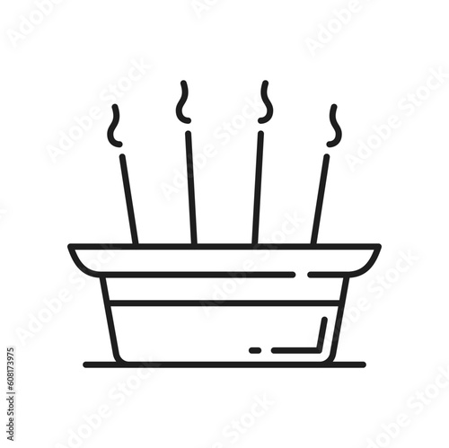 Jainism religion symbol, incense sticks offering in Jain religious ceremony, vector icon. Jainism symbol of Svetambara or Digambara worship ceremony and ritual offerings to Tirthankara in Jain temple