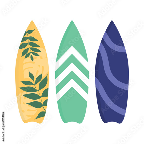 Flat icon set of surfboards in different styles isolated on white background. Summer style. Vector illustration.