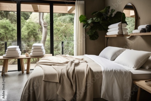 room with eco-friendly sheets and towels, surrounded by natural elements, created with generative ai