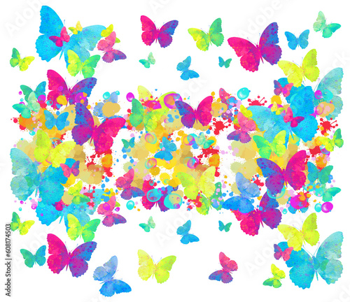 Butterflies festivals, wedding, birthday, baby shower, Holiday template.Watercolour Summer, forest, field illustration.