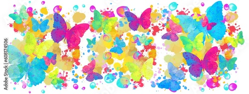 Butterflies , watercolour splashes, bubbles, summer illustration. Baby shower, wedding, birthday, Holiday, wedding template. 