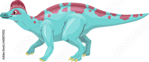 Cartoon corythosaurus dinosaur character. Isolated vector duck-billed herbivorous dino that lived in North America during the Cretaceous Period. Wildlife ancient animal with crest and long tail