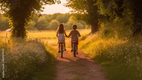 kids riding bicycle on nature. childhood. generative ai © mimadeo