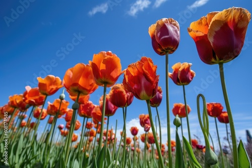 a photo of tulips in a row against an indigo blue sky  created with generative ai
