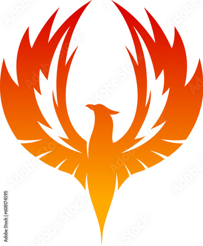 Phoenix bird rising wings with fire flames and burning feathers. Vector silhouette of flying fenix or phoenix. Flaming firebird, abstract eagle or falcon heraldic emblem with fantasy mythical animal