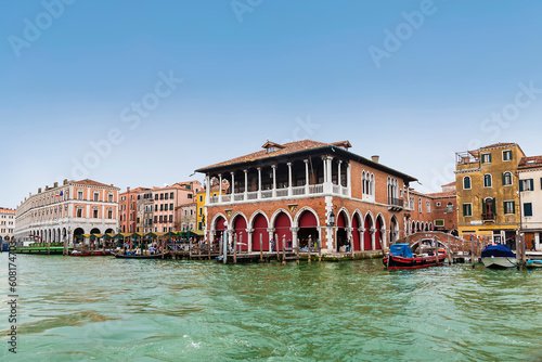 Historic Rialto Fish Market on the Grand Canal in Venice, Italy
