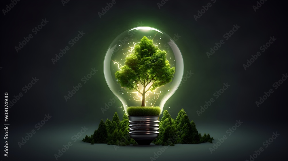 Eco Energy Concept - Light Bulb with Green Tree Inside and Energy Resources Icon - Generative AI Eco Energy Concept - Light Bulb with Green Tree Inside and Energy Resources Icon - Generative AI