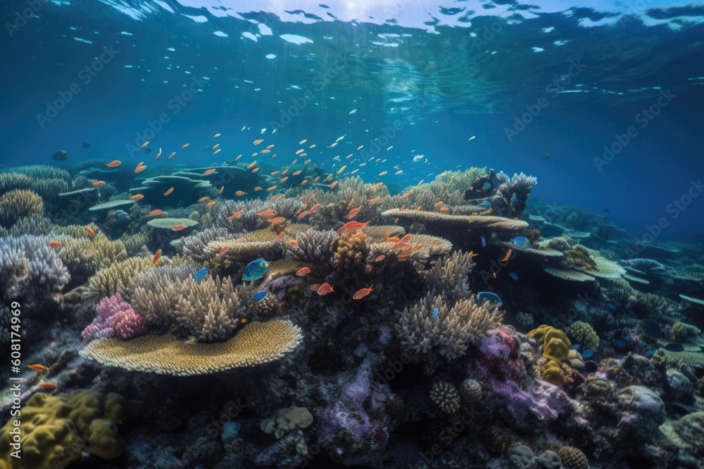 tropical fish swimming in schools, passing by colorful coral reef, created with generative ai