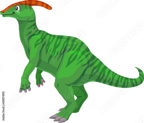 Cartoon Parasaurolophus dinosaur character. Paleontology extinct animal  prehistoric lizard childish mascot. Mesozoic era reptile or herbivorous dinosaur with head crest isolated vector cute personage