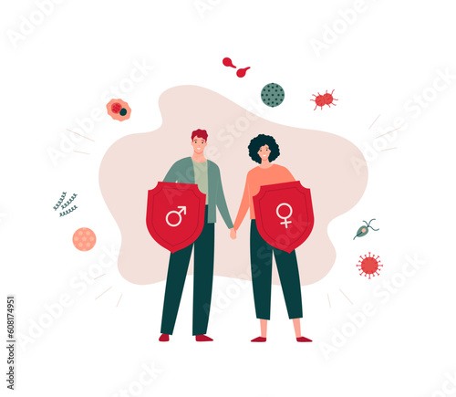 Sexual transmitted disease concept. Vector flat healthcare character illustration. Couple of man and woman with shield STD infection protection symbol. Design for health care, sex education