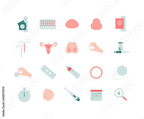 Contraception method infographic icons set. Vector flat healthcare color icon illustration. Inner organ and contraceptive symbol. Design for health care, sex education