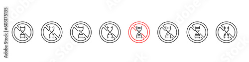 DNA with no sign icon set, no gmo, thin line icons, editable stroke