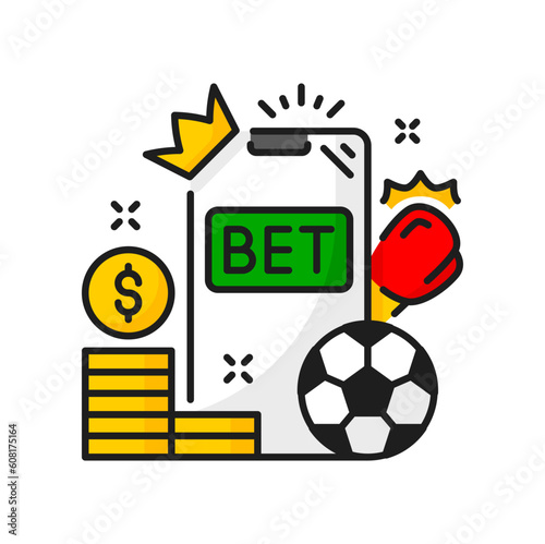 Smartphone with bet emblem, casino playing chips, football ball color line icon. Vector golden coins stack and crown, gambling and betting game sign
