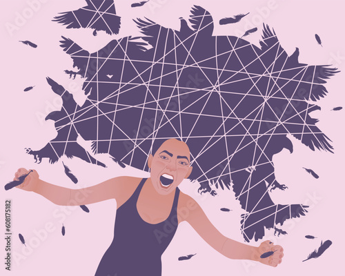 A woman on a pink background screams in rage.Predatory black birds burst out of her hair tangled with hopelessness. Illustration on the topic of outbursts of anger and hatred in teenagers.