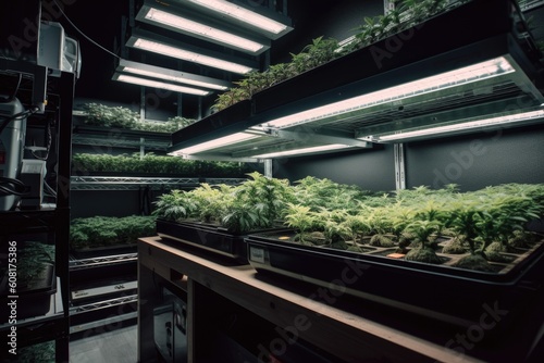 home-grow room with led grow lights, ventilation system, and other equipment visible, created with generative ai