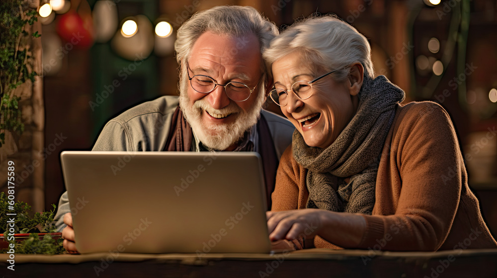 Senior middle aged happy couple embracing using laptop together, smiling elderly family reading news, shopping online at home, social networking concept. Generative AI Senior middle aged happy couple embracing using laptop together, smiling elderly family reading news, shopping online at home, social networking concept. Generative AI