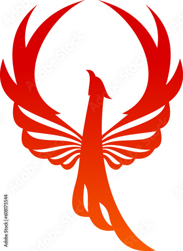 Phoenix bird with fire flames vector silhouette. Burning firebird, fenix or phoenix fantasy bird with raised wings. Abstract eagle or falcon with flaming feathers, wings and tail heraldic emblem