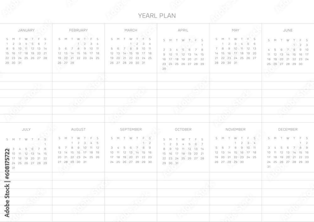 A year goal plan template with a simple and minimal style. Note, scheduler, diary, calendar planner document template illustration.