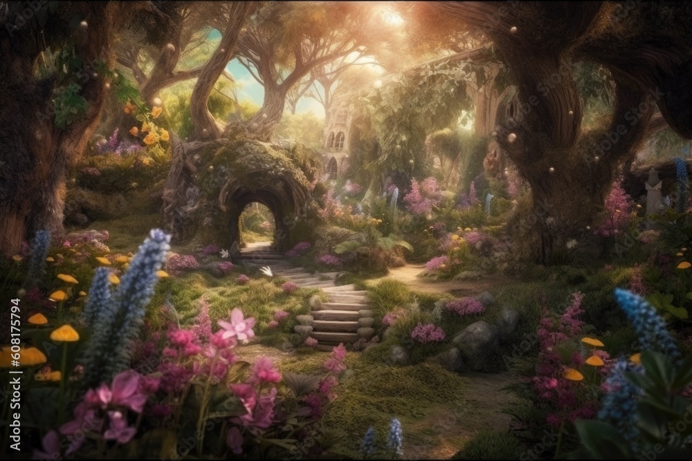 magical garden with fairies and magic, surrounded by blooming flowers, created with generative ai