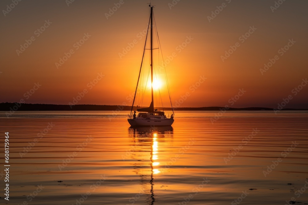 sailboat at sunrise, with the sun rising over the horizon, created with generative ai