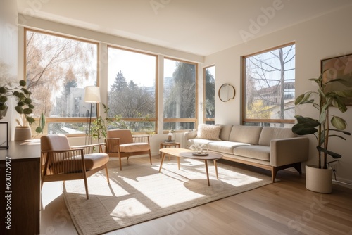 sun-filled living room with eco-friendly furniture and natural light  created with generative ai