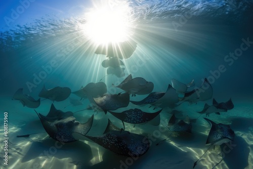 school of rays swimming together in synchronized formation, created with generative ai