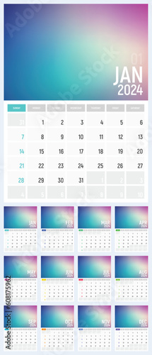 Modern calendar for 2024 year with abstract gradient. Vector illustration for monthly planning.