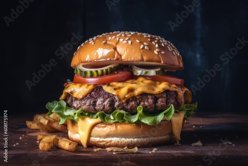 classic burger, golden brown and crispy on the outside with juicy and flavorful beef inside, created with generative ai