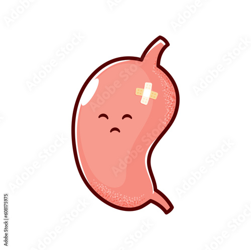 Cartoon sick stomach organ character. Sad unhealthy organ vector personage of human digestive system. Stomach pain, ache or gastritis disease emoticon with pink injured body, sickly face and plaster