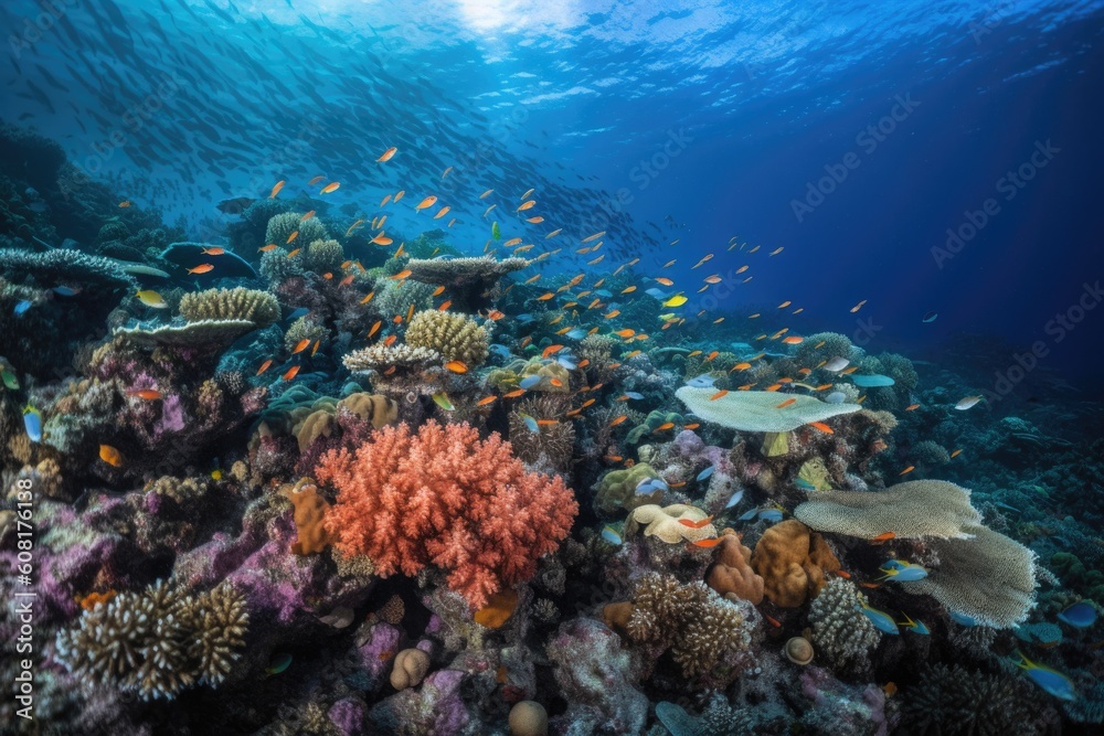 Fototapeta premium coral reef, with schools of brightly colored fish swimming amongst the corals, created with generative ai