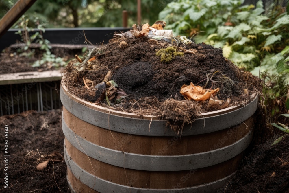compost bin with composting worms, adding aeration and nutrients to the