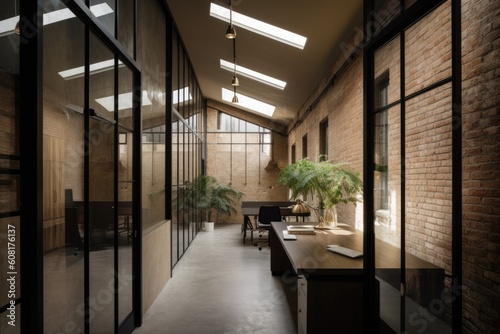 a modern office space, built within a formerly abandoned warehouse, created with generative ai