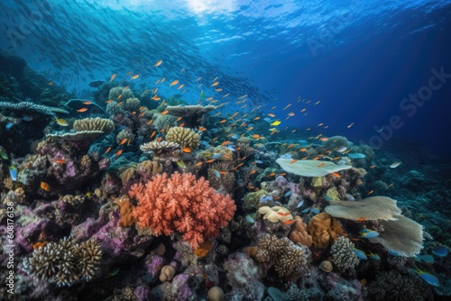 coral reef, with schools of brightly colored fish swimming amongst the corals, created with generative ai