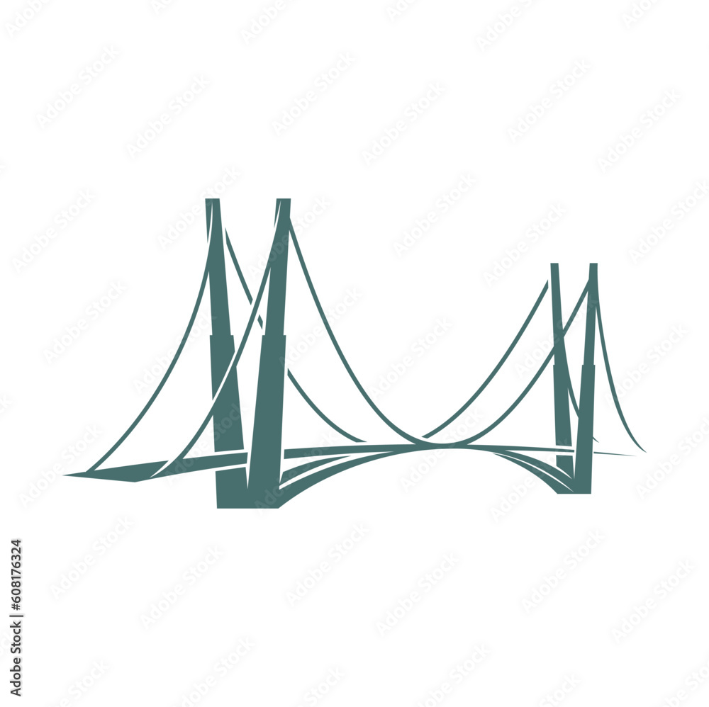 City suspension bridge graphic icon or symbol. Metropolis travel landmark emblem, city architecture or transportation connection vector concept. Urban architecture bridge structure sign or icon