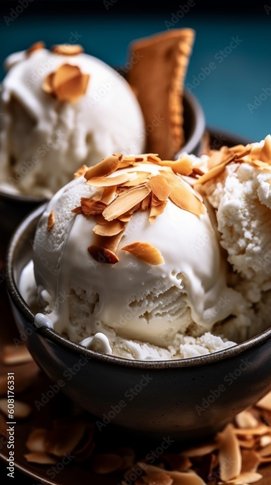 coconut milk ice cream scoops topped with toasted coconut flakes in a bowl coconut milk ice cream scoops topped with toasted coconut flakes in a bowl