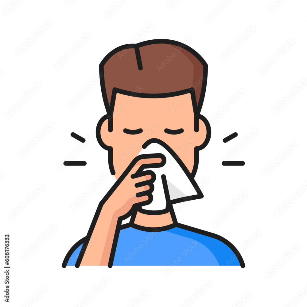 Allergy, rhinitis or cold fever symptom color line icon. Seasonal allergy symptom, Respiratory disease, allergic reaction vector sign. Breathing problem outline icon with man sneezing in handkerchief