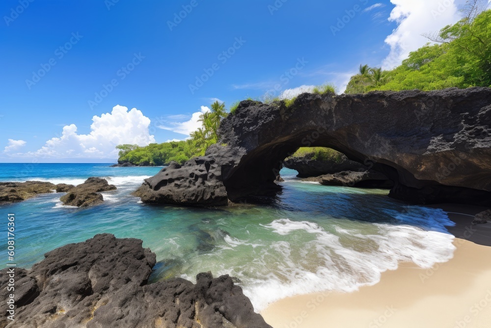 tropical beach with natural rock bridge, providing stunning view of the ocean, created with generative ai