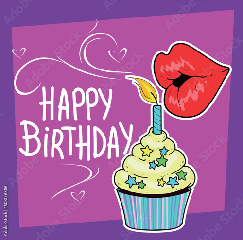 Happy birthday. Greeting card. A woman lips blow out the candle on a greeting cake. Pop-art, modern. Vector illustration.