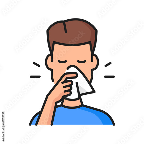 Allergy, rhinitis or cold fever symptom color line icon. Seasonal allergy symptom, Respiratory disease, allergic reaction vector sign. Breathing problem outline icon with man sneezing in handkerchief
