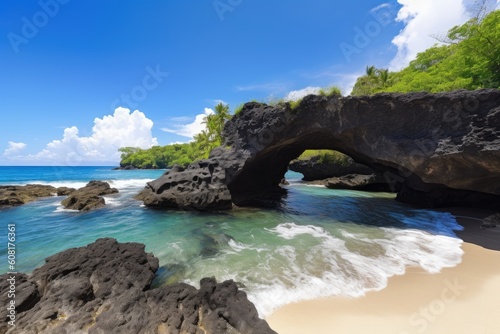 tropical beach with natural rock bridge, providing stunning view of the ocean, created with generative ai © altitudevisual