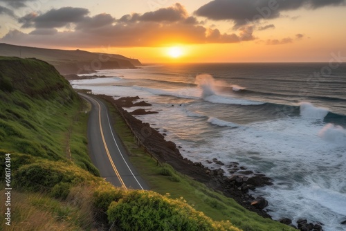 scenic highway leading to sunset over the ocean  with waves rolling in  created with generative ai