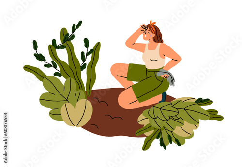 Woman farmer tired from agriculture work. Exhausted sweating unhappy person, farm worker during crops growing, caring, cultivation, weeding. Flat vector illustration isolated on white background