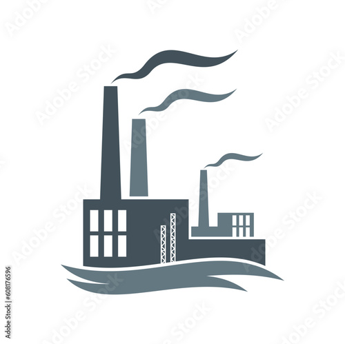 Factory, industrial plant or power station icon. Vector building of chemical or energy industry with smoke, chimneys and pipes. Electricity production, gas and oil refinery plant or factory building